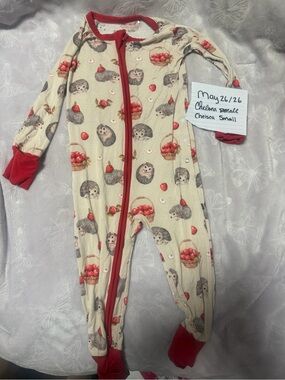 Cream Hedgehog Print Kids Footie with Red Trim
